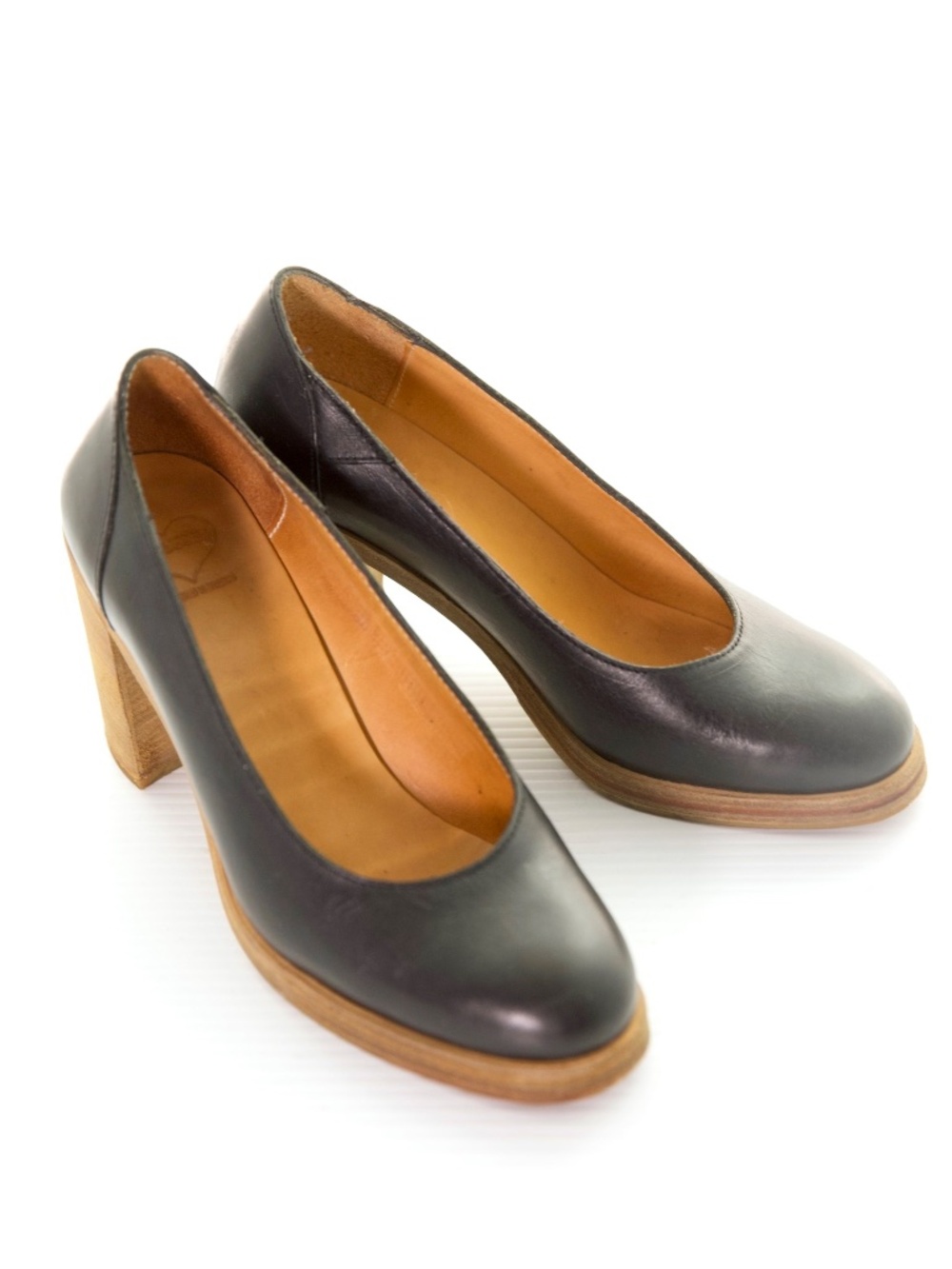 Swedish Hasbeens Stack Leather High Heel Women 7M / 37 EU Black Pumps Retro Boho